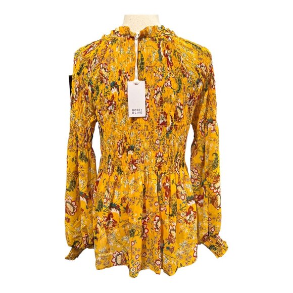 Rose & Olive Top Womens M Yellow Floral Smocked Peasant Blouse Tunic Boho Hippie - Picture 3 of 9